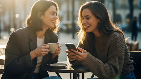 Two beautiful young women drinking coffee and using mobile phone while sitting in cafe outdoorsの素材