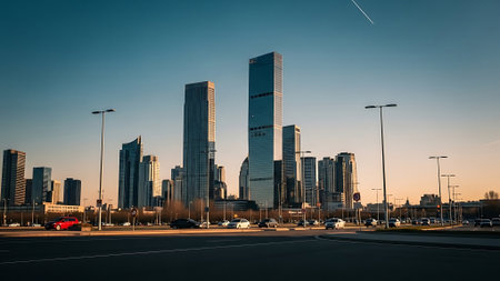 Moscow International Business Center skyscrapers in Moscow at sunset.の素材