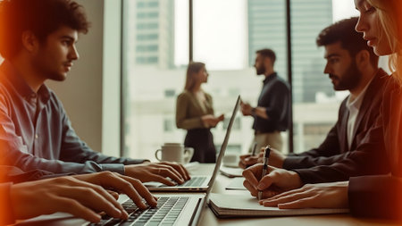 Group of young business people working together in modern office. Selective focus.の素材