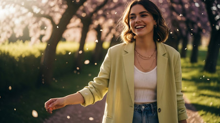 Beautiful young woman walking in spring park. Smiling girl.の素材