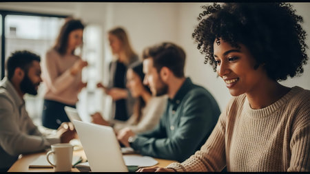 Beautiful Afro American woman is using a laptop and smiling while working in the officeの素材