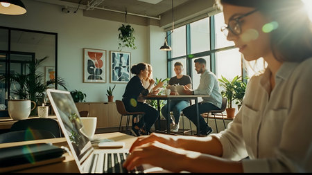 Young business people working in a modern office. They are sitting at the table and talking.の素材