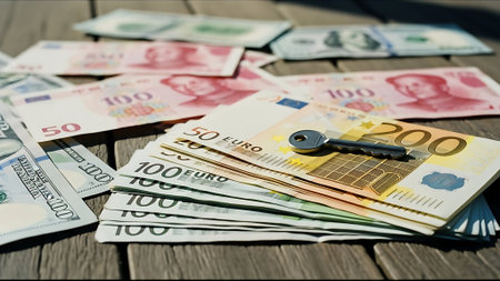 Euro banknotes and key on a wooden table. Business and finance conceptの素材