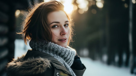 Portrait of a beautiful young woman in a winter park. The girl looks at the camera.の素材