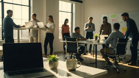 Blurred image of business people working and communicating in the office.の素材