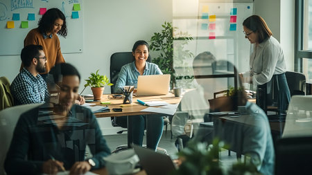 multiethnic startup business team on meeting in modern bright office interior brainstorming, working on laptopの素材