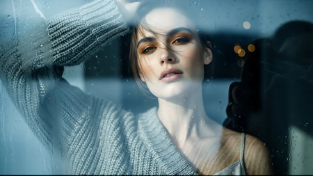 Beautiful young woman in a gray sweater in the window. Beauty, fashion.の素材