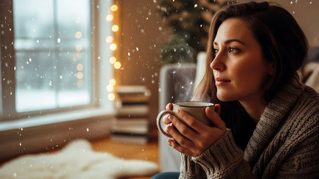 Beautiful young woman with cup of hot drink at home in winterの素材