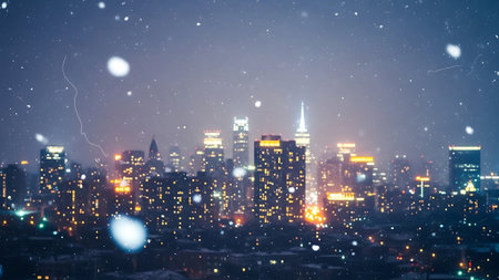 Night cityscape with skyscrapers, lights and snowflakesの素材