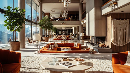 Luxury living room interior design with brown sofa, coffee table and big windowsの素材