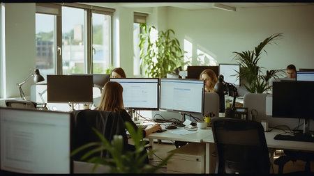 Group of young business people working in modern office. They are using computers and talkingの素材
