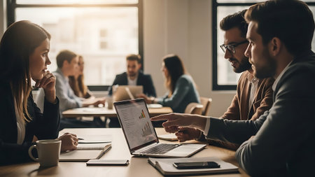 Group of young business people working and communicating together in modern office.の素材