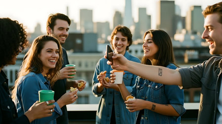 Group of young people having fun on the rooftop of a skyscraperの素材