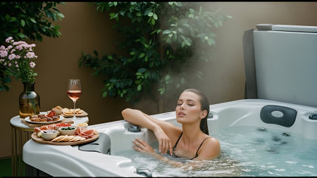 Beautiful young woman relaxing in the hot tub with a glass of red wineの素材