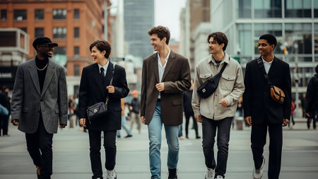 Group of young business people walking in the city. Men wearing casual clothes.の素材
