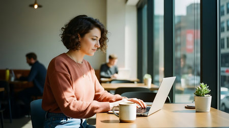Young woman working on laptop in cafe. Businesswoman sitting at table with cup of coffee.の素材