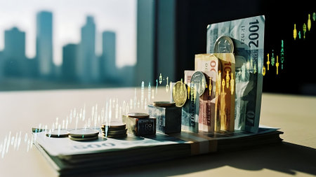 Double exposure of stock market graph with dollar and euro banknotes. Concept of financial investment.の素材