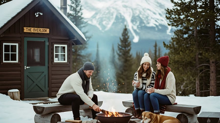 Couple sitting on bench and drinking coffee while camping in winter forestの素材