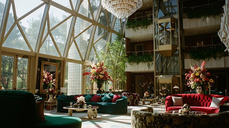 Interior of a hotel lobby with a view of the terraceの素材