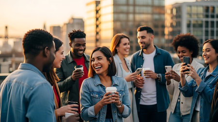 Group of multiethnic young people walking in the city and drinking coffeeの素材