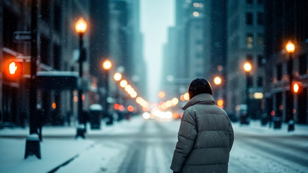 Man walking on a snowy street in New York City, USA.の素材