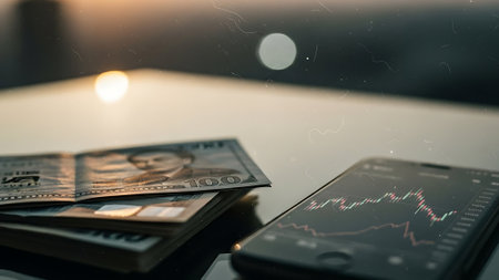 Smartphone with stock market graph and dollar banknotes on the table.の素材