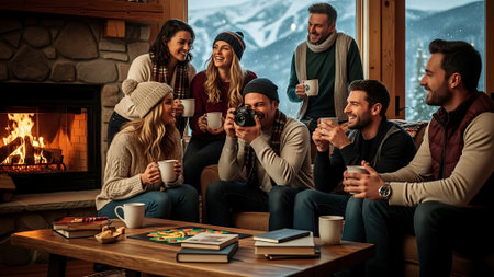 Group of friends drinking tea and talking in front of fireplace at homeの素材