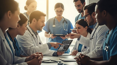 group of doctors discussing something while sitting at the table in the hospitalの素材