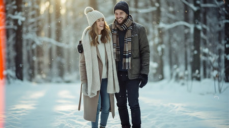 Couple in love walking in the winter forest. Winter fashion.の素材