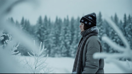 Portrait of a young man in the winter forest. Snowfall.の素材
