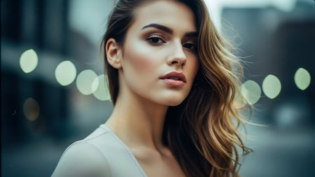 Beautiful young woman with long curly hair on the background of the cityの素材