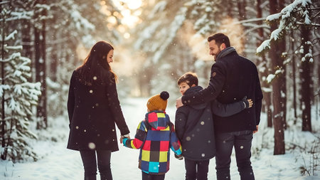 Happy family walking in the winter forest. Mother, father and their children are having fun.の素材