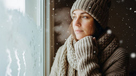 Portrait of a beautiful young woman in a knitted hat and scarf looking out the window in the winterの素材