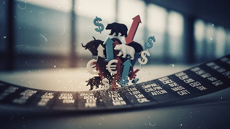 Stock market crash with bull and bear. Mixed media. Mixed mediaの素材