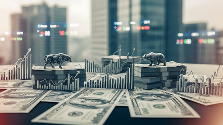 Double exposure of bear, money and graph on table with cityscape backgroundの素材