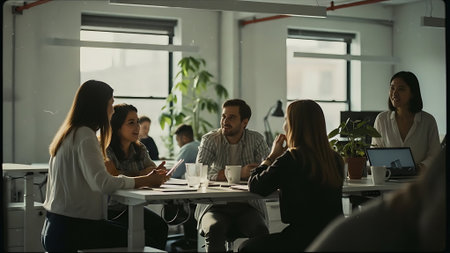 Group of young business people discussing business plan  in the office.の素材
