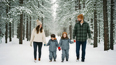 Happy family walking in winter forest. Mother, father and children having fun together.の素材