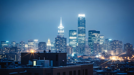 New York City skyline with skyscrapers at night, USA.の素材