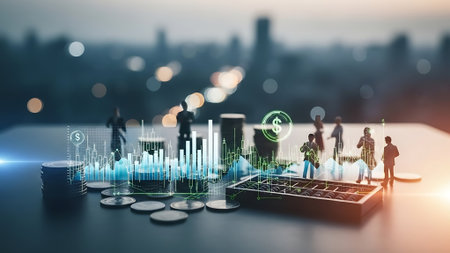 Silhouette of business people and stock market graph and chart on virtual screen.の素材