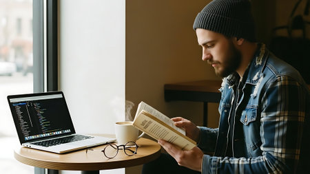Young man with a beard in a checkered shirt is sitting in a cafe and reading a book.の素材