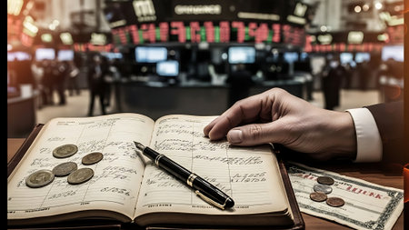 Businessman writing on book at office desk with stock market background.の素材