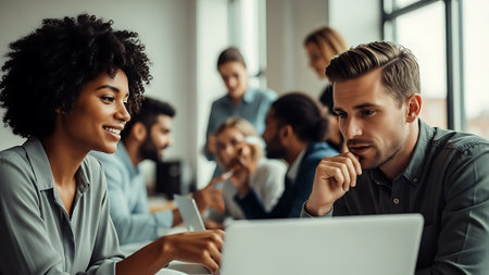 Group of young business people working together in office. Selective focus.の素材