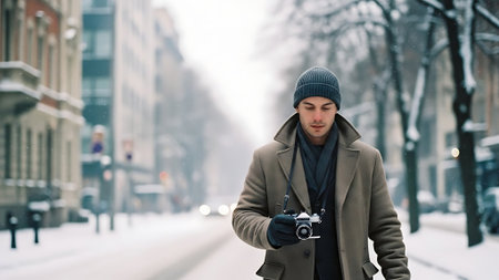 Young man in a coat with a camera in his hand on the background of a snowy streetの素材