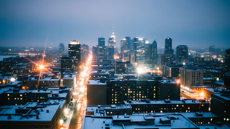 Aerial view of the city at night in winter, Moscow, Russiaの素材