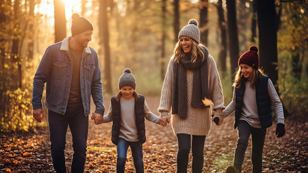 Happy family walking in autumn forest. Mother, father and their son are holding hands.の素材