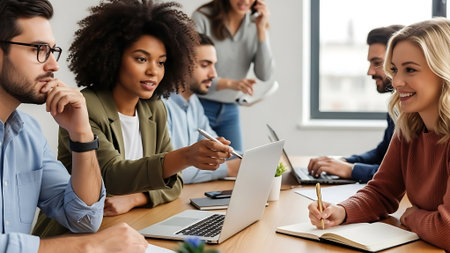 multiethnic businesspeople working on laptop at meeting in modern officeの素材
