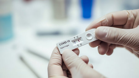 COVID-19 Rapid Test Device Held in Gloved Handsの素材