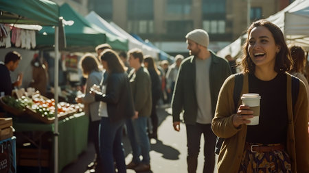 Smiling woman holding paper cup of coffee and looking at camera on street marketの素材