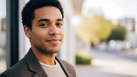 portrait of smiling african american businessman looking at camera in cityの素材
