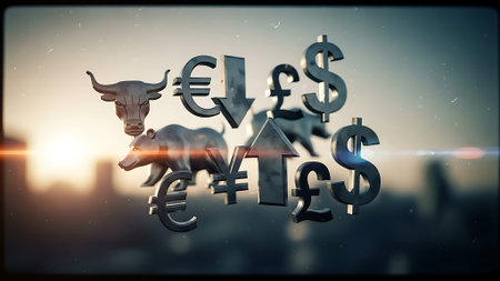 Bull and Bear Market Symbols with Global Currency Signsの素材